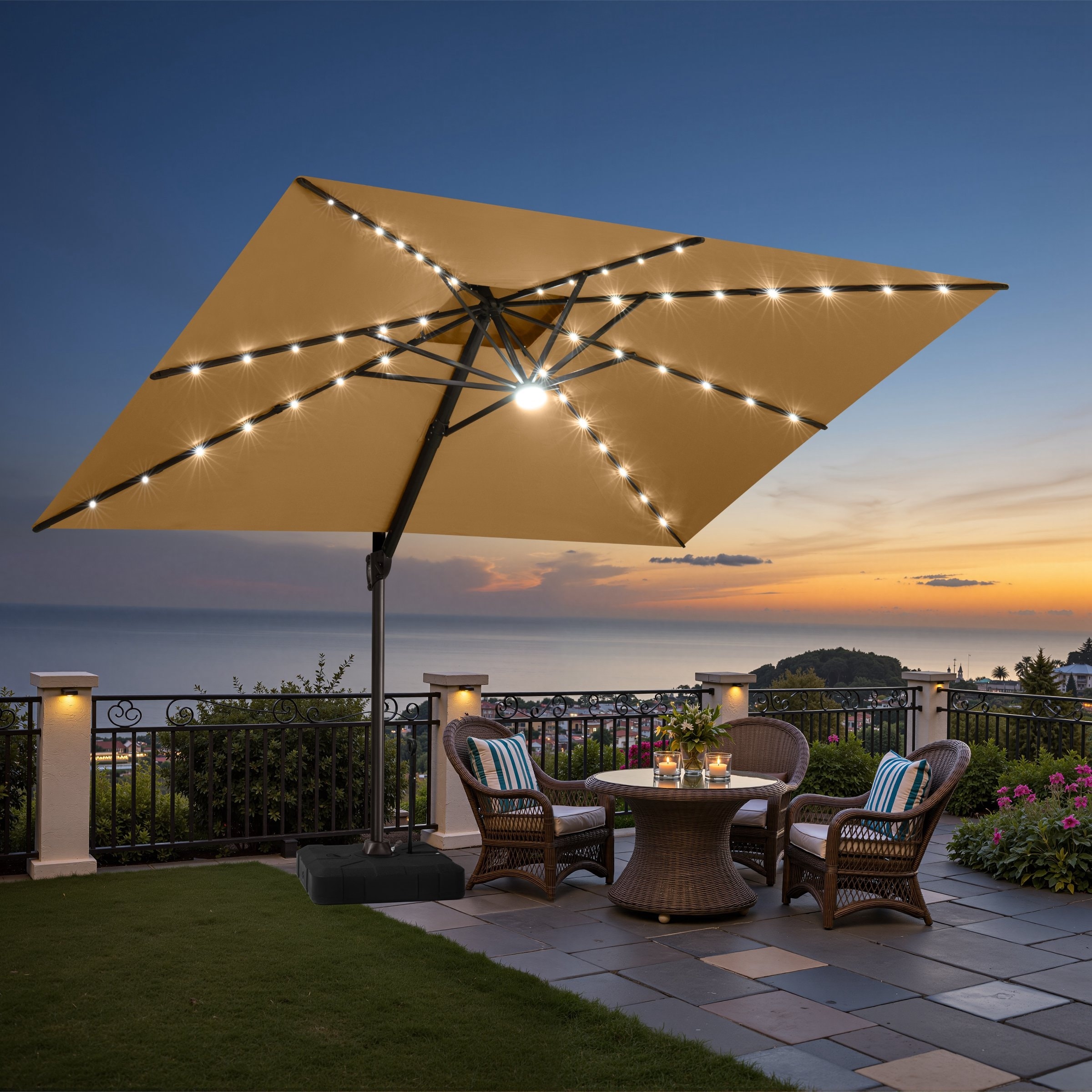 9 x11 FT Outdoor Double Top LED Lighted Patio Cantilever Umbrella with Weighted Base