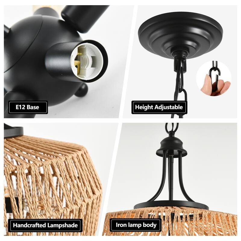 Boho Hemp Rope Pendant Light,with Adjustable Chain, Natural Rope Shade Light, for Restaurants, Cafes, Bars