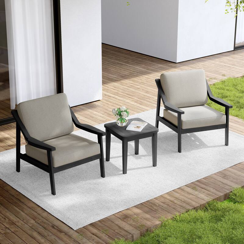 Outdoor Wood Cushioned Patio Set of 2 Accent Chair with Side Table