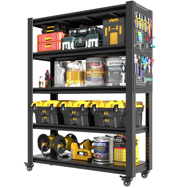 78"H 5 Tier Adjustable Shelving with Pegboard and Wheel, Heavy Duty Storage Shelves, Metal Shelving Unit Multipurpose Shelf