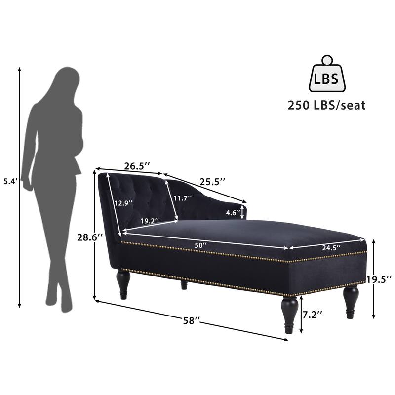 Black 58" Velvet Button Tufted Chaise Lounge Chair with Nailhead Trim and Solid Wood Legs for Living Room