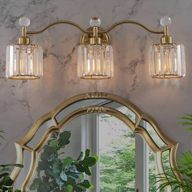 Starsky 3-Light Modern Crystal Bathroom Vanity Fixture with Ribbed Glass Shades and Sparkling Crystal Ball Accents