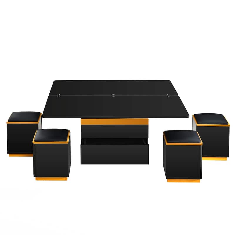 Lift-Top Coffee Table with 4 Storage Stools, Modern Space Saving Center Table , Multi-Functional Adjustable Coffee Table