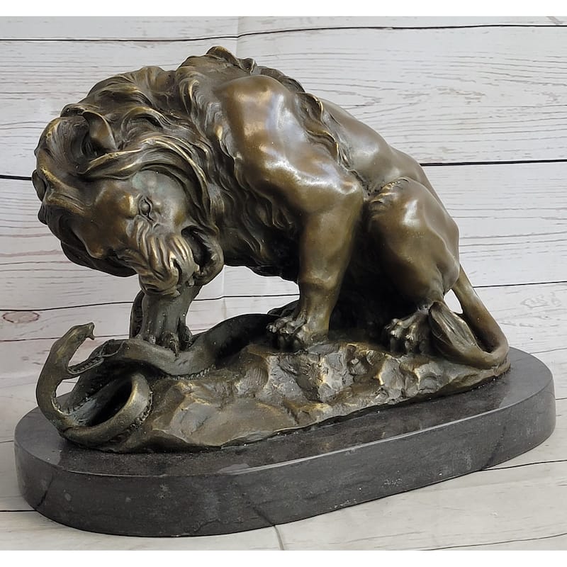 Lion Vs. Imitative Snake Bronze Sculpture Animal Sculpture A. Barye Figurine On Marble Base