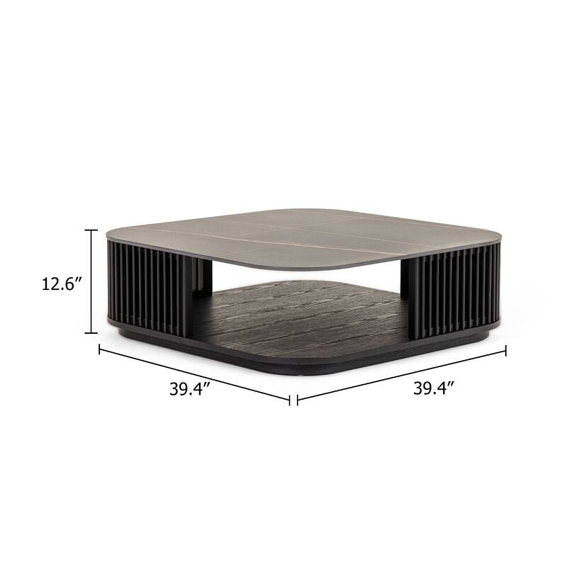Cid Cia Coffee Table, 39 Inch Black Ceramic, Solid Wood Frame