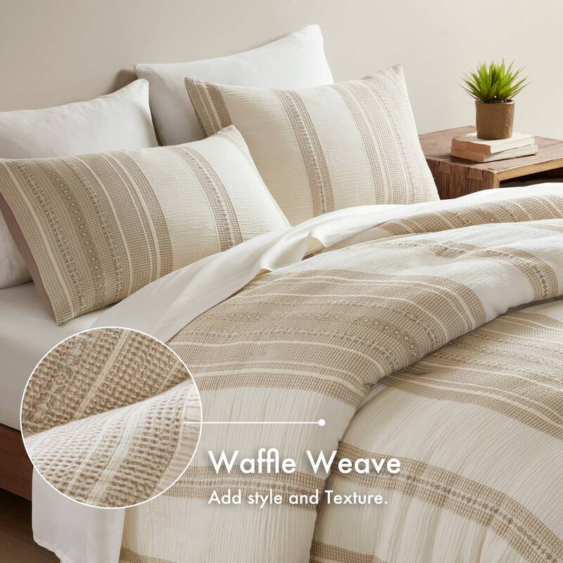 GDF Studio - Amara Textured Cotton Comforter 3-Piece Set with Waffle and Gauze Weave