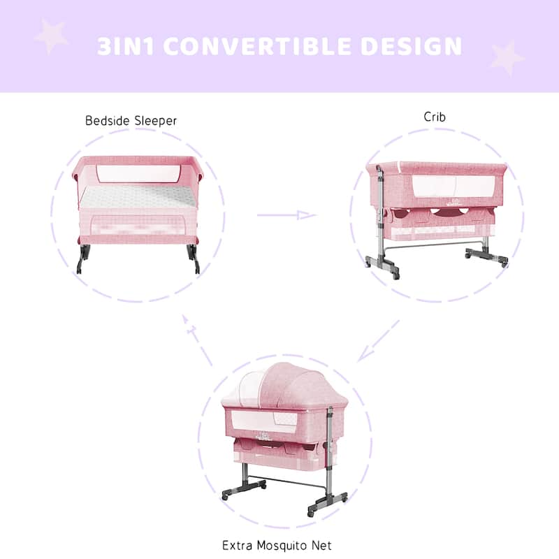 Adjustable Height Baby Bedside Sleeper Crib with Removable Mosquito Net Cover and Wheels
