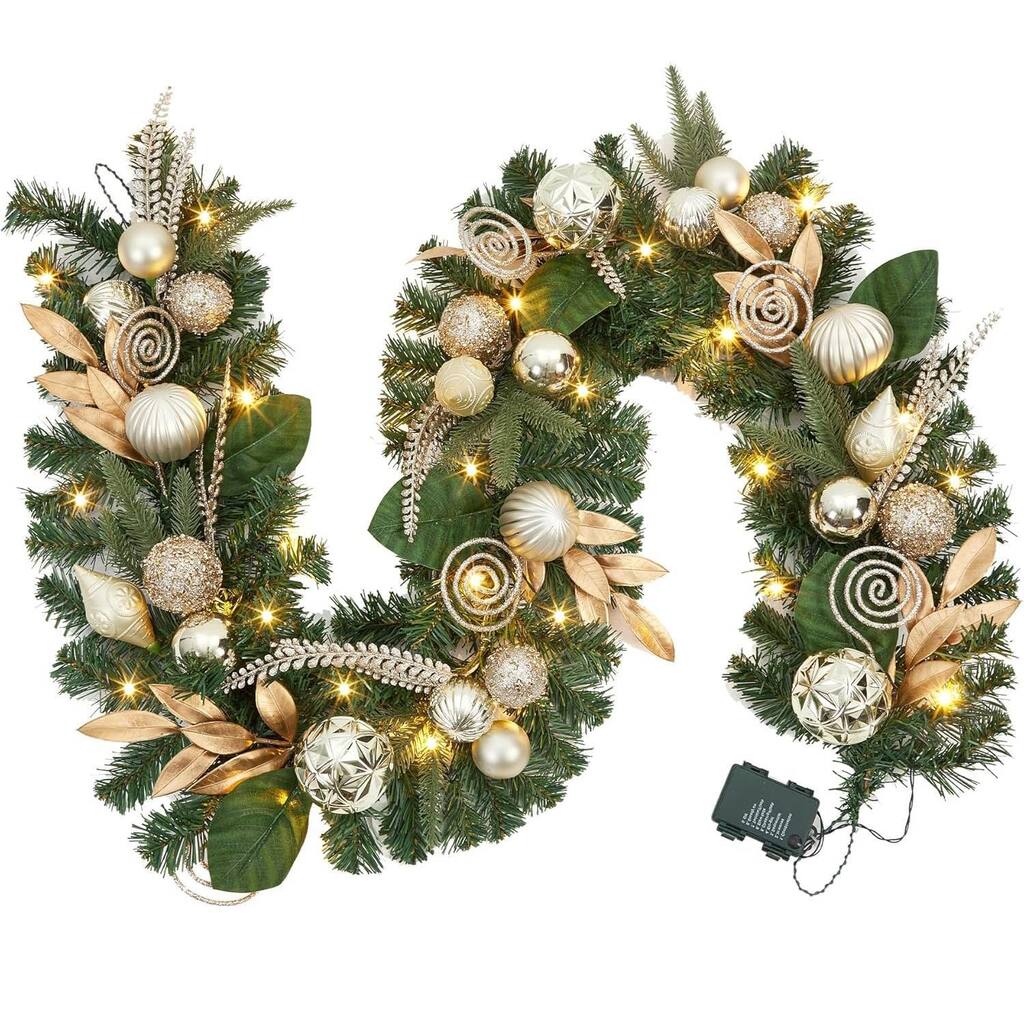 6 Ft Lighted Christmas Garland with Gold Leaves & Ball Ornaments - N/A