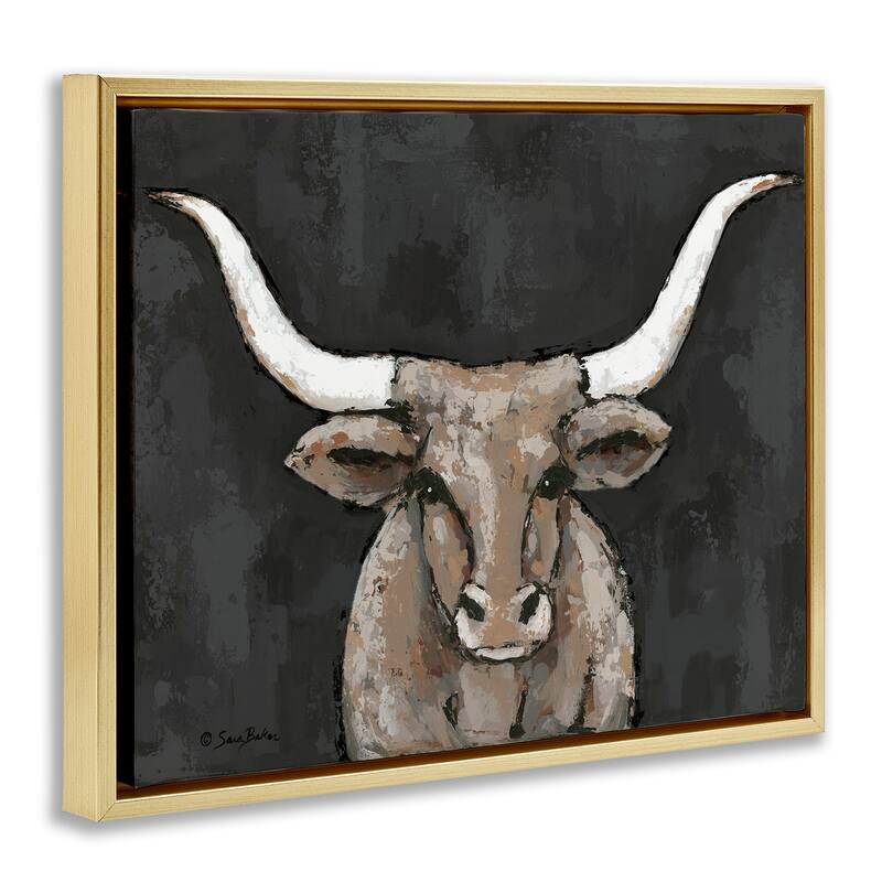 Stupell Longhorn on Murky Grey Framed Floater Canvas Wall Art Design By Sara Baker