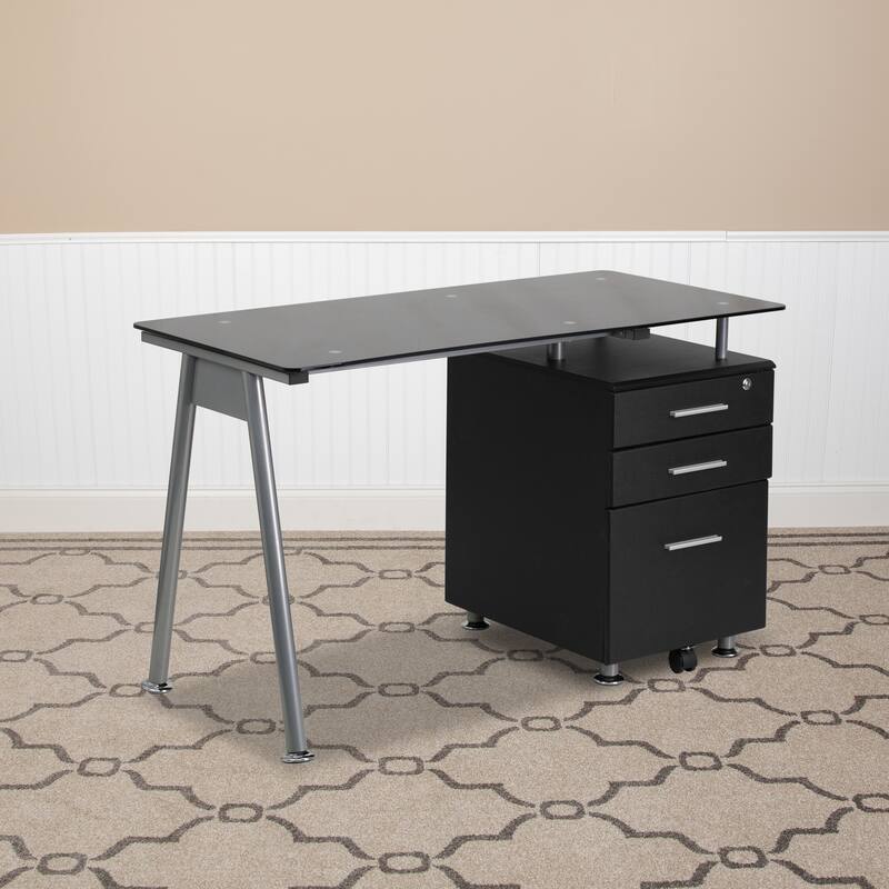 Computer Desk with Tempered Glass Top and Three Drawer Pedestal - Black