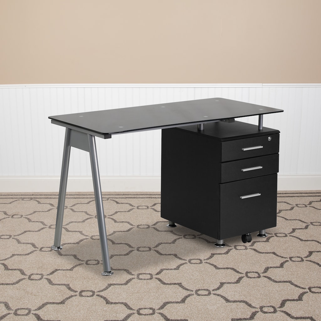 Computer Desk with Tempered Glass Top and Three Drawer Pedestal