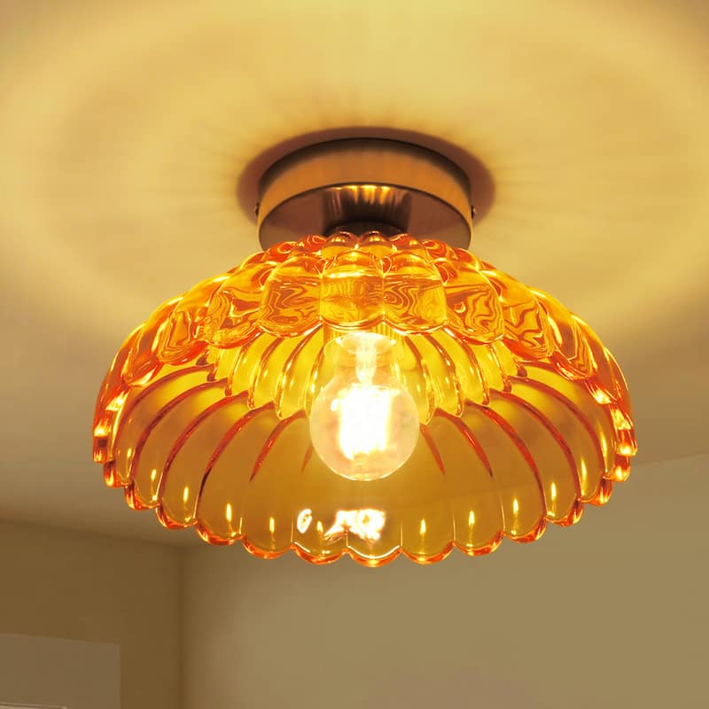 1-Light Vintage Brass Finish Metal Semi-Flush Mount Ceiling Light with Amber/Green/Grey/Clear Glass Shade for Kitchen, Hallway