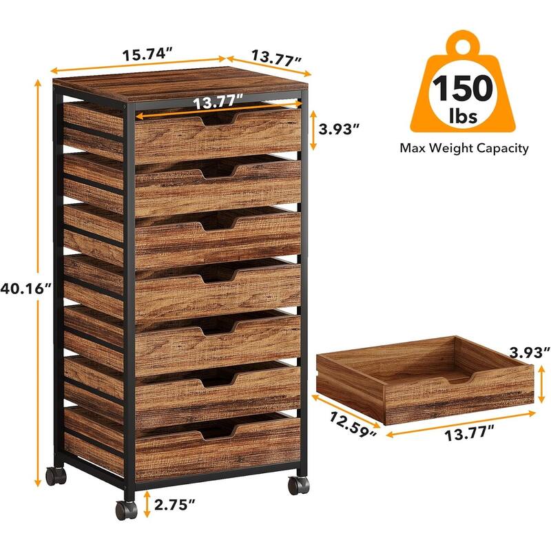 7-Drawer Storage Dresser Cabinet with Wheels, Industrial Wood Chest Organizer with Metal Frame, Mobile Drawer Unit
