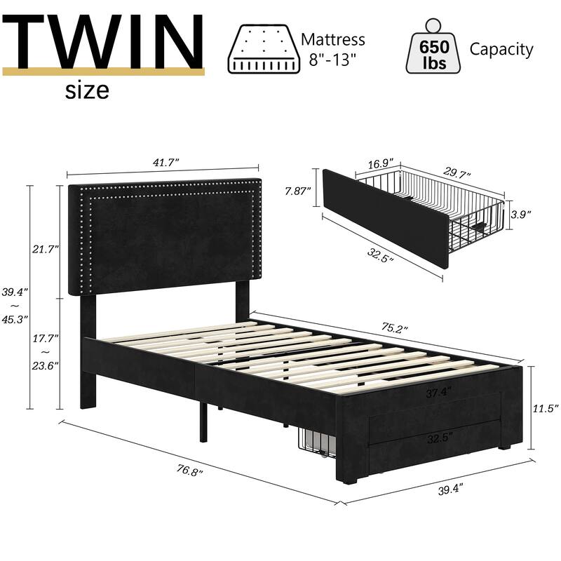 VECELO Upholstered Storage Bed Frames with 4 Storage Drawers, Platform Bed Frame with Adjustable Velvet Rivets Headboard