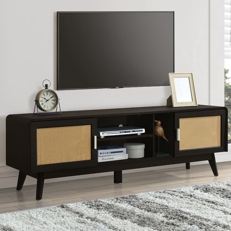 63" Rattan TV Stand for 65" TVs, Boho Entertainment Center Media Storage Cabinet TV Console with Open Shelves for Living Room