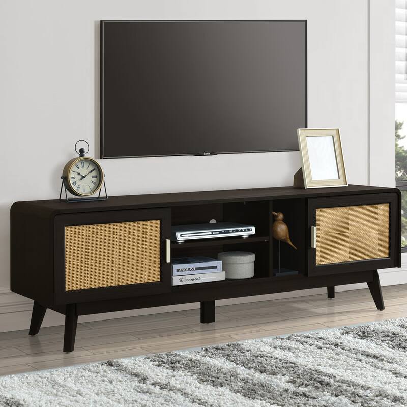 Dark Rattan TV Stand with 2 Storage Cabinets for 65 Inch TV, Entertainment Center with Solid Wood Legs, Media Console Table