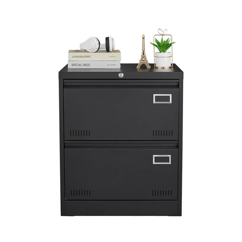 Anmytek Black File Cabinet Double Drawer Locking Office Storage Desk Organizer