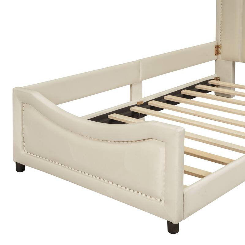 Twin Upholstered Daybed with Stripe Shaped Headboard, Durable Wood Frame, No Box Spring Required - Grey/Beige/Pink
