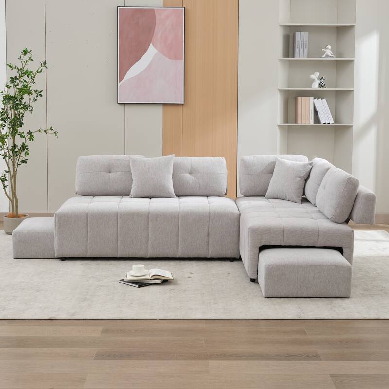 Grey 91.73" L-Shaped 4-Seat Sofa with Hidden Stools