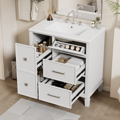 30 Inch Bathroom Vanity with Ceramic Sink, Flip-Out Drawer Design for Plumbing, White Painted MDF Cabinet with Solid Wood Legs