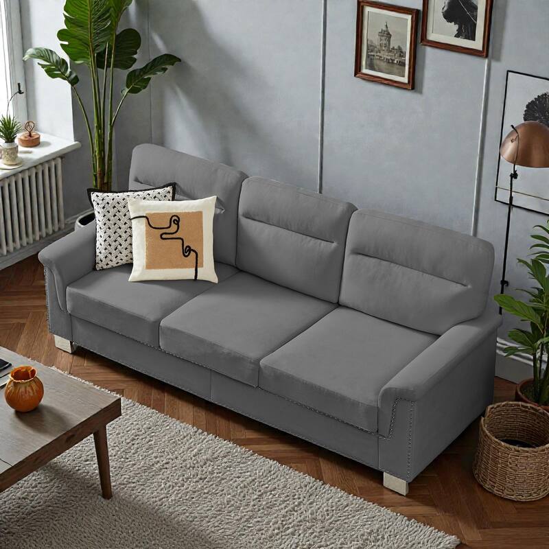 82 Inch Modern 3 Seater Sofa with Snowfleece Fabric, Compressed Upholstered Couch for Living Room Bedroom