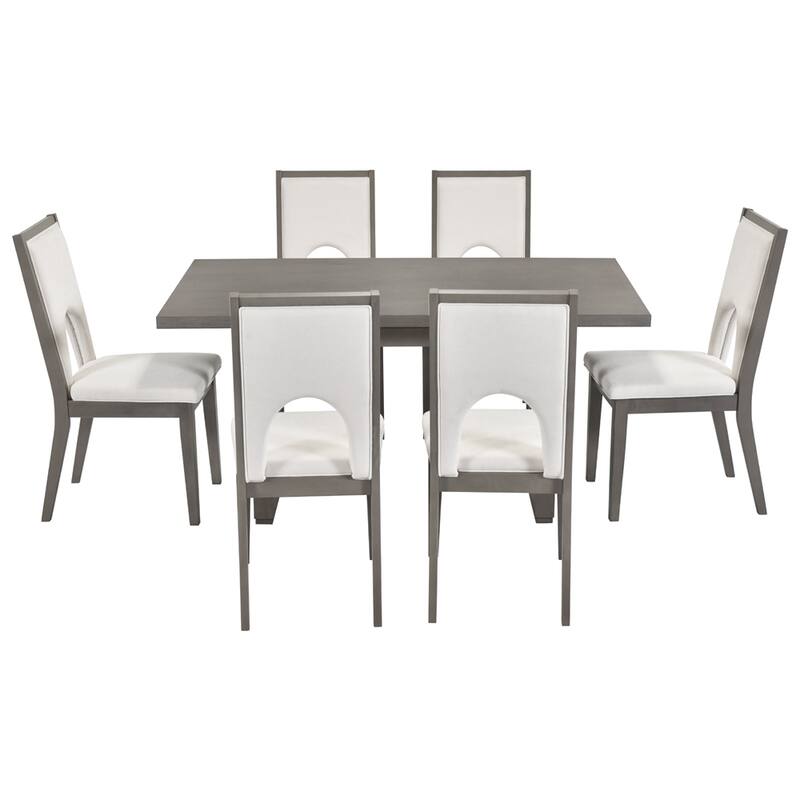 Wood Dining Table Set for 6, 1 Dining Table & 6 Upholstered Chairs - Grey