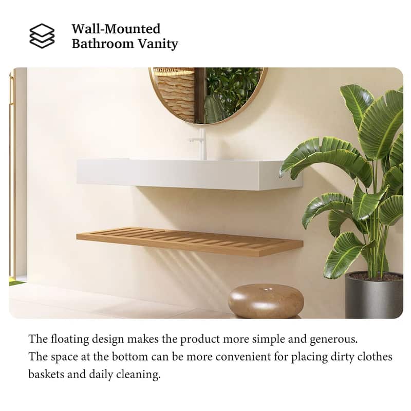 Wall-Mounted Bathroom Vanity in Natural Wood with White Integrated Acrylic Sink