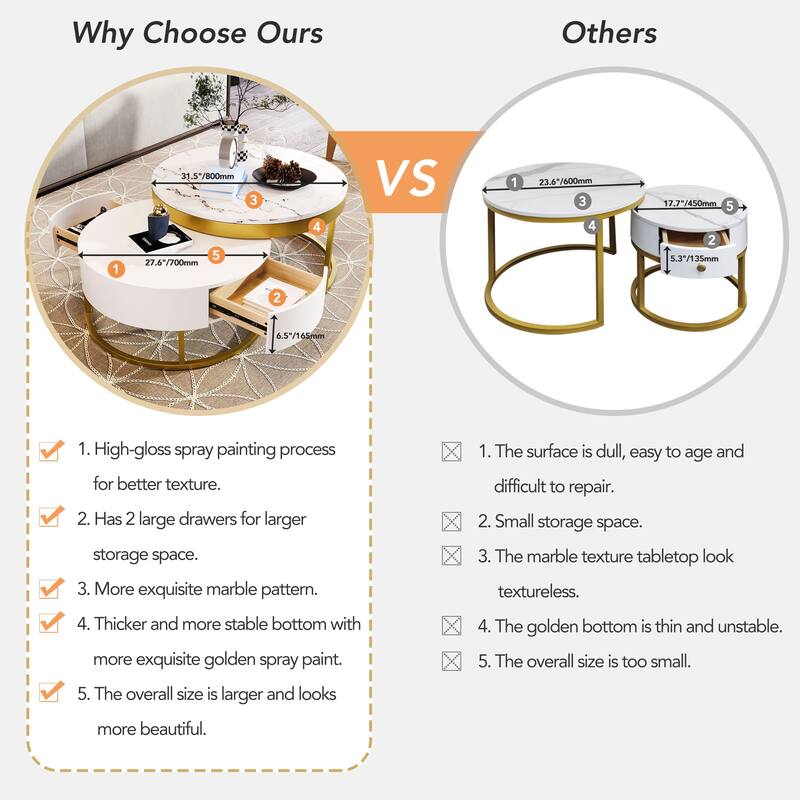 Modern Round Nesting Coffee Table with Drawers and Gold Metal Base