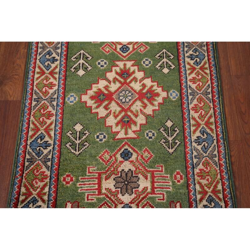 Green Geometric Kazak Oriental Accent Rug Handmade Wool Carpet - 1'10"x 2'10"