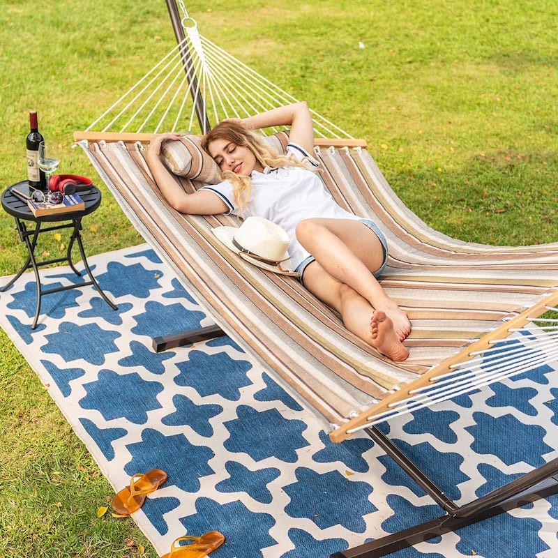 Outdoor Cotton Rope Hammock with 12FT Steel Stand
