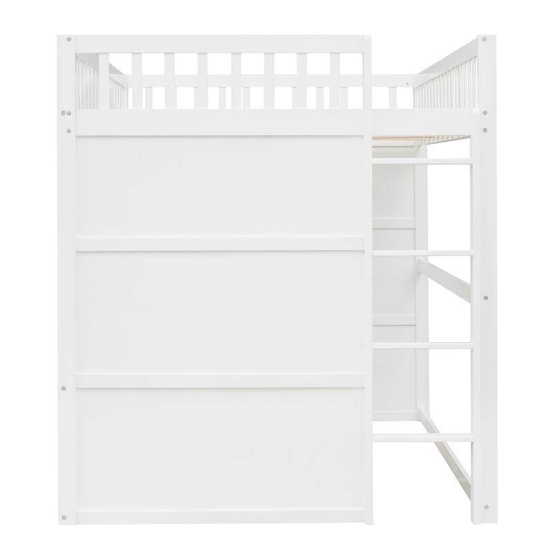 White Full Size Solid Pine Wood Loft Bed with Ladder - Sturdy & Space-Saving Design