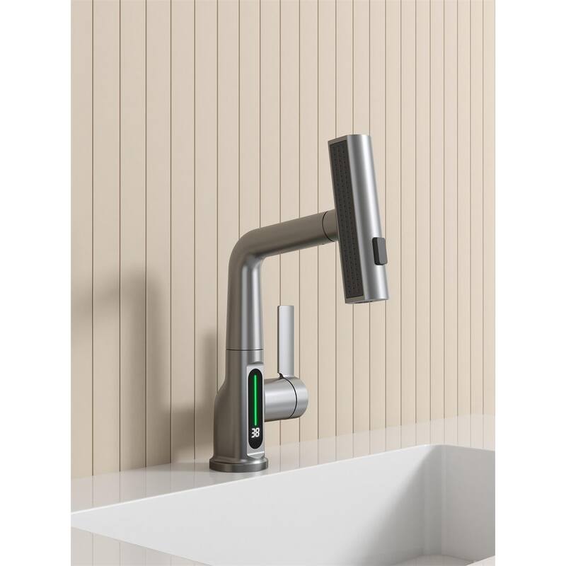 Pull Out Lift Bathroom Sink Faucet with LED Temperature Digital Display and 3 Water Spray Modes, Corrosion Resistant