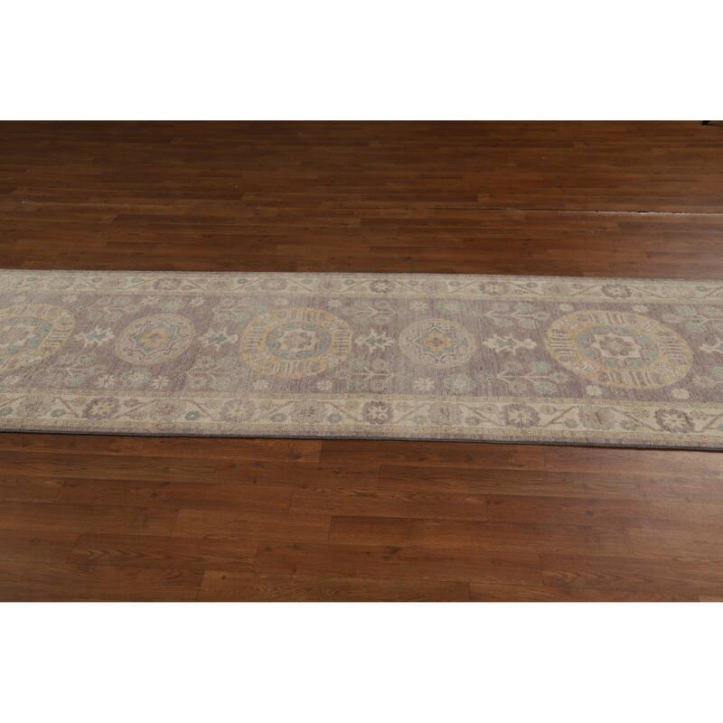 Hand Knotted Oriental 100% Wool Carpet Transitional All-Over Greys & Charcoal Oushak Runner Rug - 13' 1'' X 2' 10''