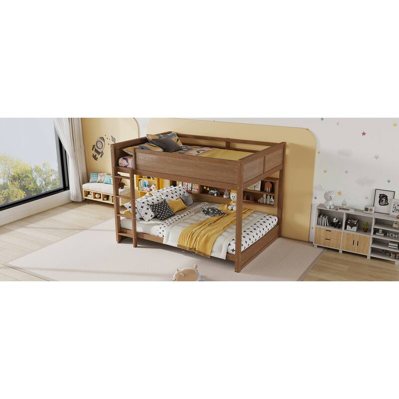 Roomfitters Queen Over Queen Bunk Bed with Storage Cabinets & Charging Station, Solid Pine Wood with Ladder & Guardrails, Wheat