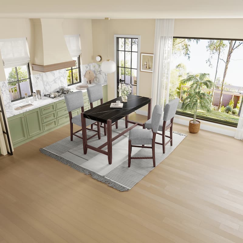 5 Piece Dining Table Set for 4, Counter Height Table Set with 1 Black Rectangle Table and 4 Linen Chairs for Small Place