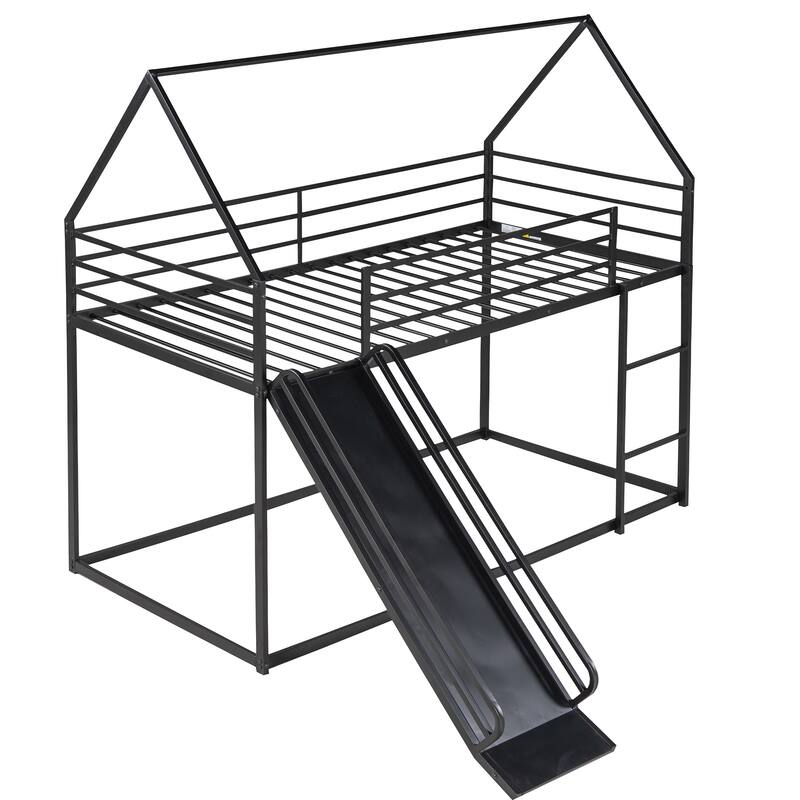 Twin Over Twin House Bunk Bed with Ladder and Slide, Black
