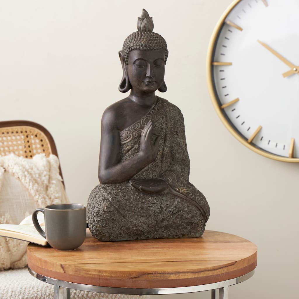 Brown Polystone Meditating Buddha Decorative Sculpture with Engraved Carvings and Relief Detailing