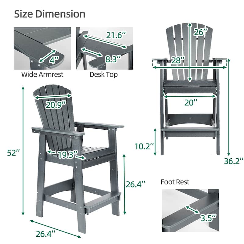 Aoodor Tall Adirondack Chairs Set of 2,HDPE Patio Bar Stool