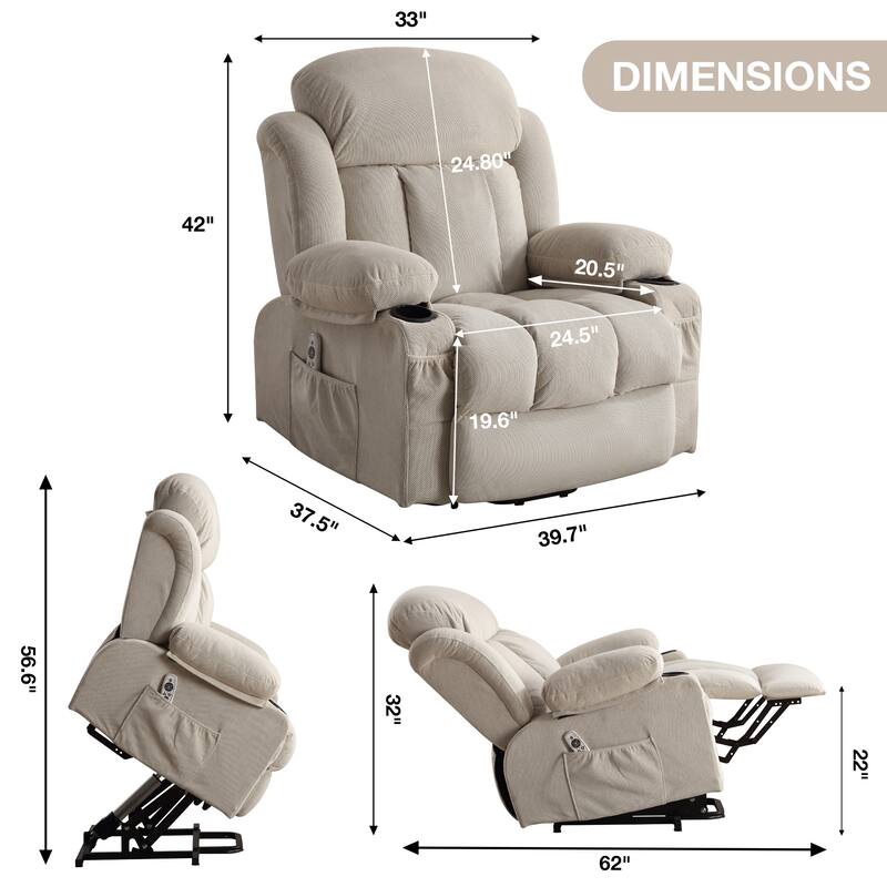 Fabric Electric Power Lift Recliner Chair with Massage and Heat for Elderly with USB Ports,Cup Holders & Side Pocket
