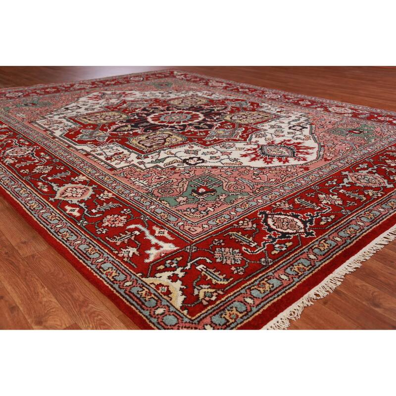 Hand Knotted Oriental 100% Wool Carpet Traditional Medallion Beige & Ivories Heriz (serapi) Area Rug - 10' 1'' X 7' 11''