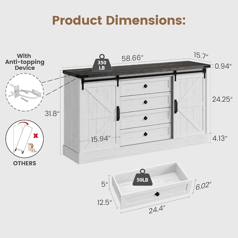 Farmhouse 4 Drawer Dresser for Bedroom, Living Room
