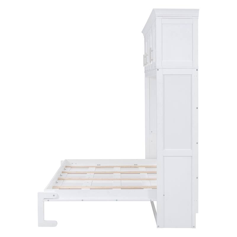 Queen Size Foldable Wall Bed with Top Cabinets, Space-Saving Design, White