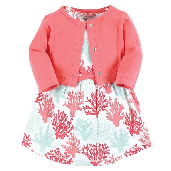 slide 1 of 1, Touched by Nature Girls Infant, Toddler, and Kids Organic Cotton Dress and Cardigan, Coral Reef 3T - Coral Reef