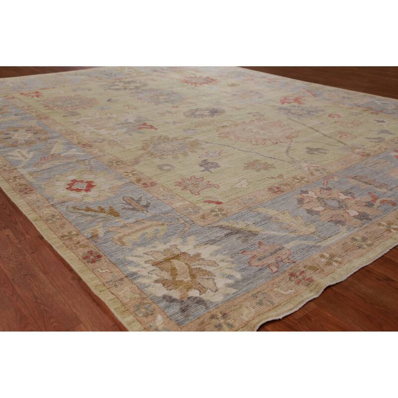 Hand Knotted Oriental 100% Wool Carpet Transitional All-Over Green Oushak Area Rug - 10' 3'' X 8' 7''