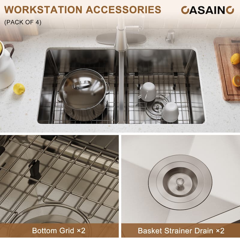 31 in. Undermount Double Bowl 18 Gauge Stainless Steel Kitchen Sink with Bottom Grid and Basket Strainer, cUPC Certified