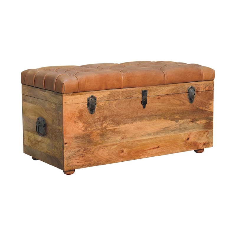 Artisan Furniture Solid Wood Buffalo Hide Oak-ish Storage Trunk, Brown with storage