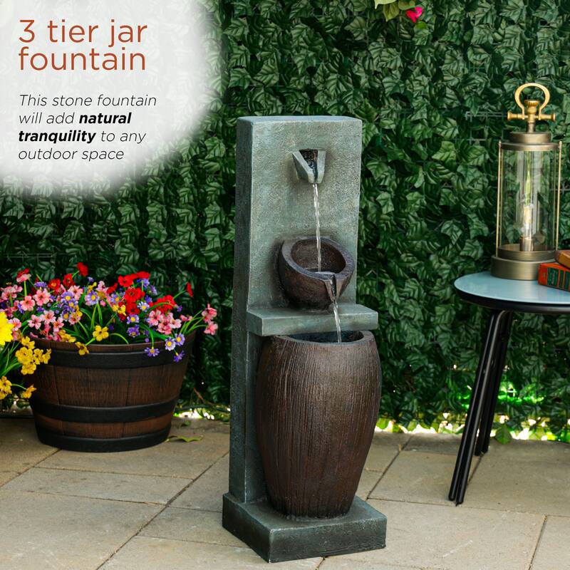 32" 3-Tier Jar Fountain w/ LED, Ceramic Decor, Gray