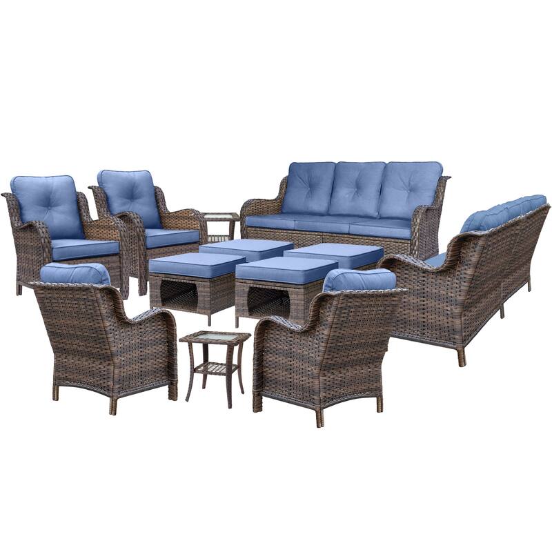 Brown Wicker Outdoor Patio Furniture Sofa Set with Denim Blue Cushions