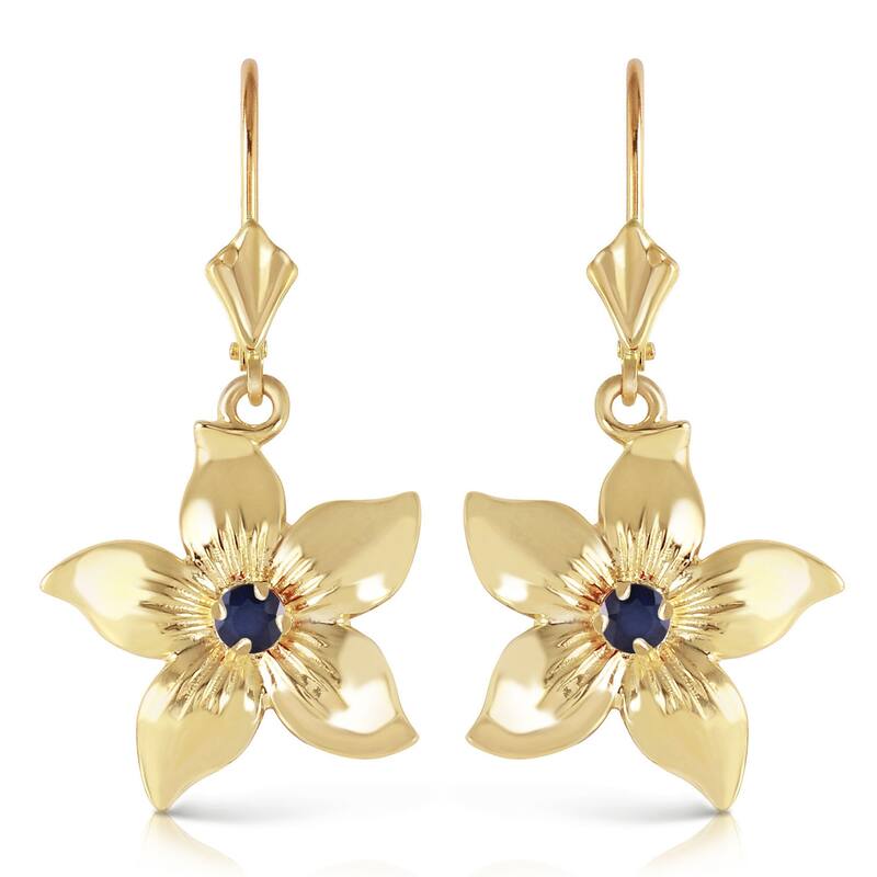 14K Solid Gold Leverback Flowers Gemstone Earrings w/ Sapphires