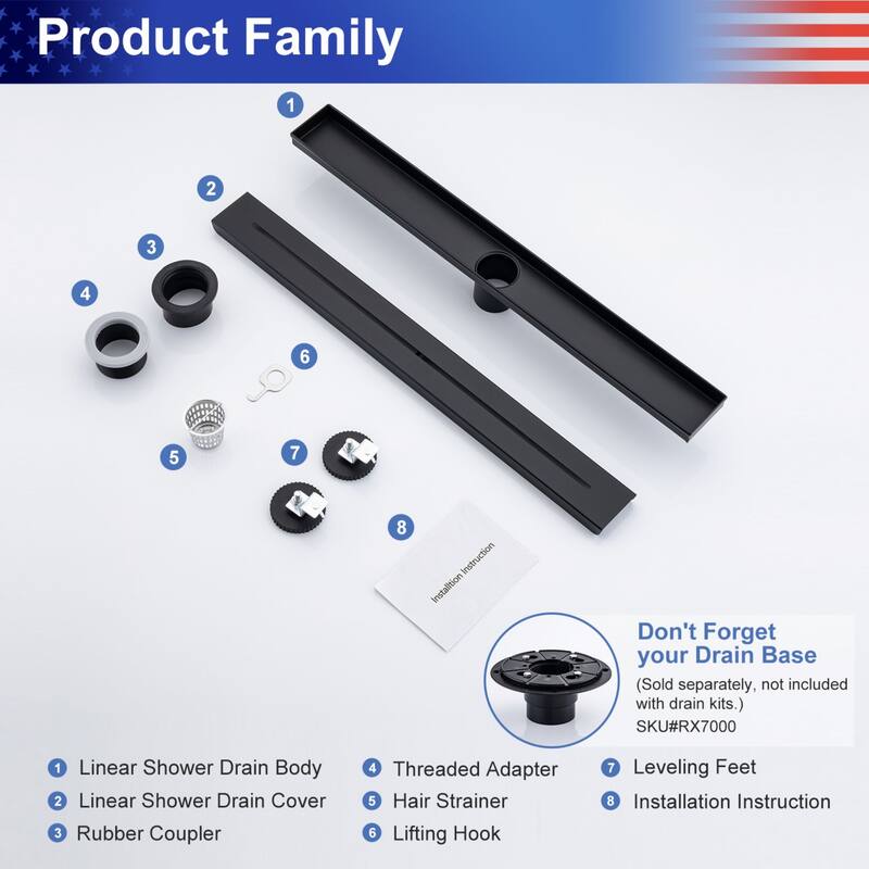 24'' W Linear Grid Drain, Matte Black